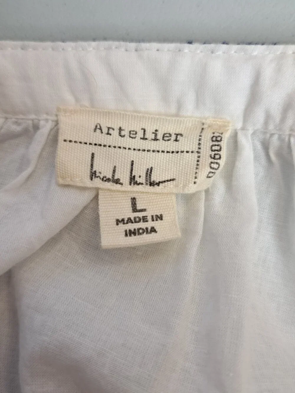 Nicole Miller Peasant Blouse L Top Boho Festival Cottagecore Coastal White Blue - Picture 5 of 8